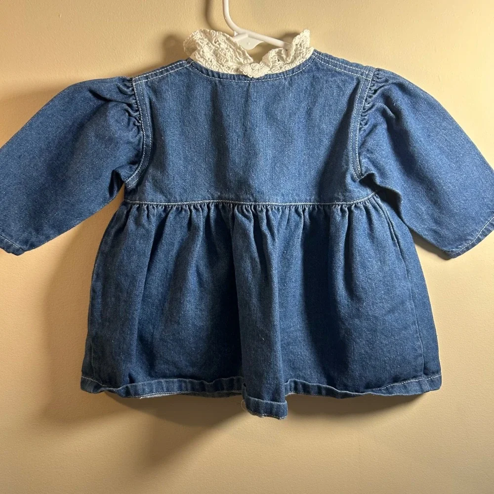 Vintage Small Steps Denim Dress Girls 18 Months Crochet Collar‎ Ruffle 1980 Baby